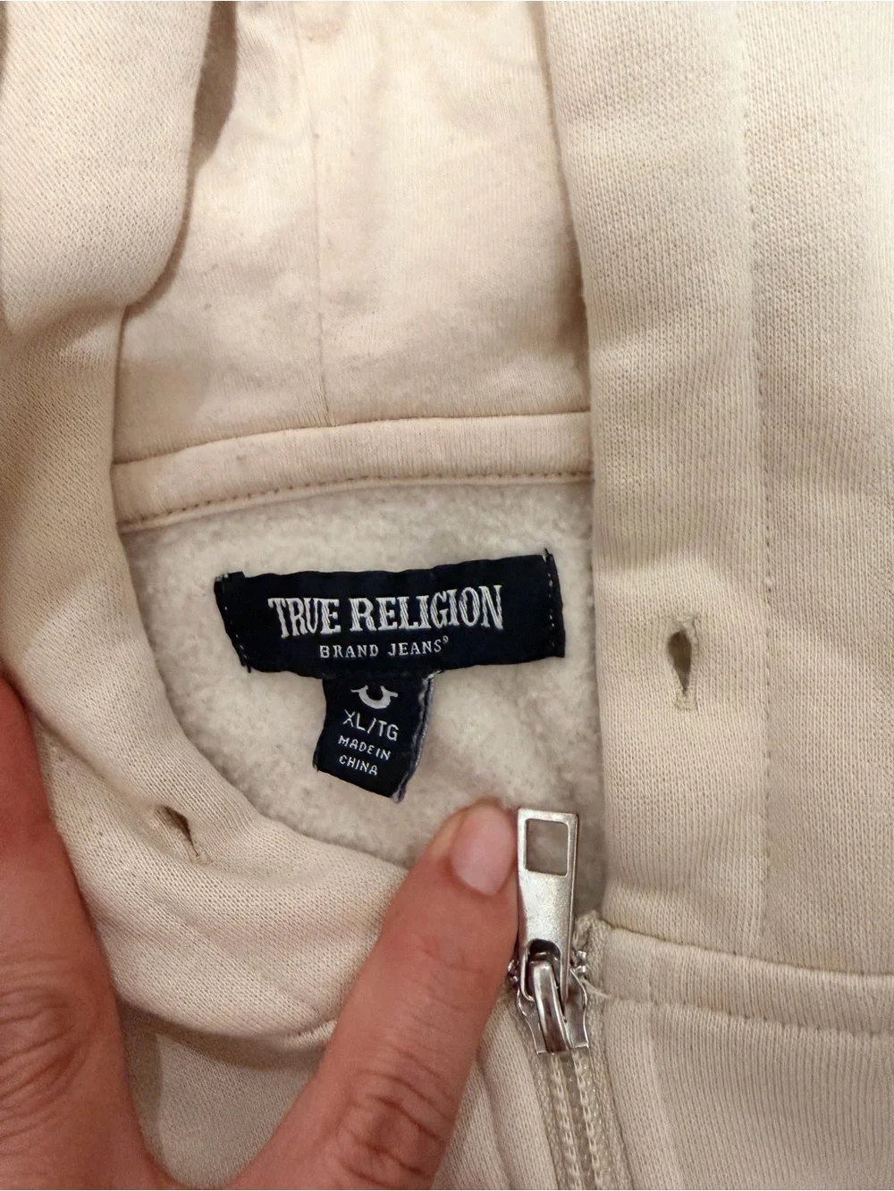 True Religion Cream Hoodie with Navy Buddha Guitar Graphic